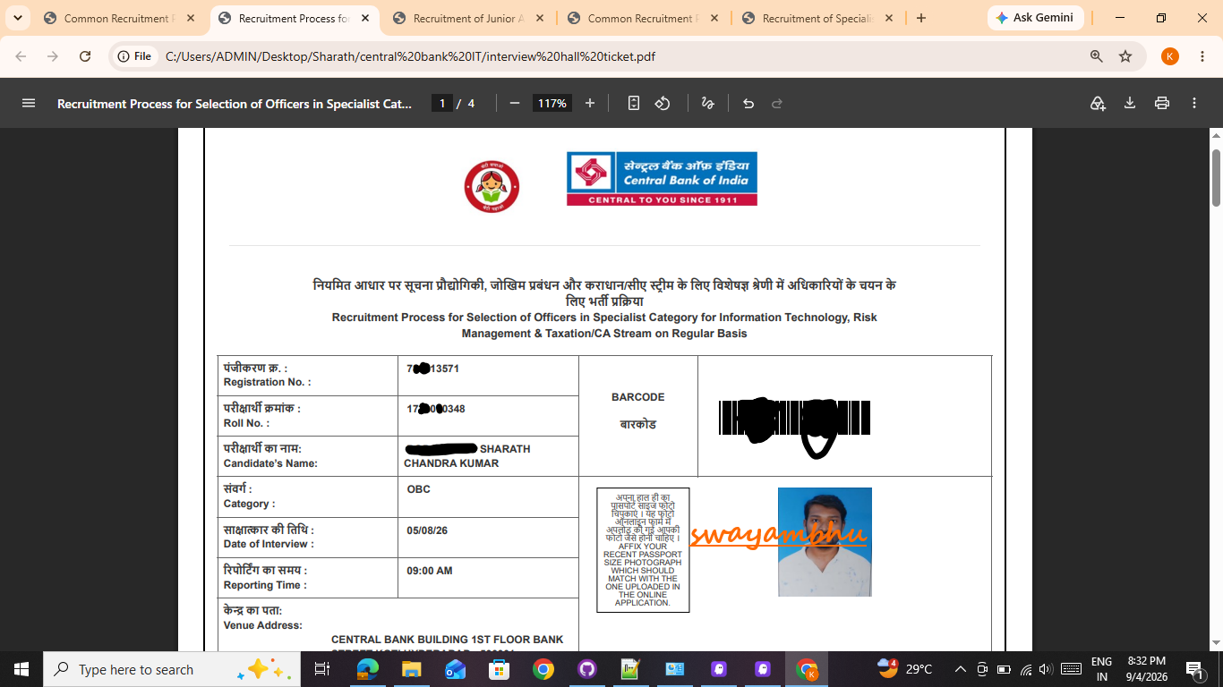 Central Bank of India IT Specialist Interview Call — Sharath Chandra Kumar