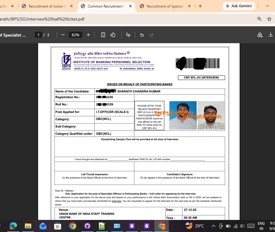 IBPS SO IT CRP-SPL-XV Interview Call — Sharath Chandra Kumar