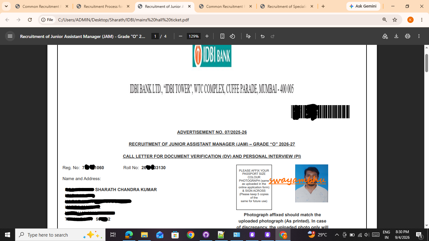 IDBI JAM Grade O 2026-27 DV & Interview — Sharath Chandra Kumar