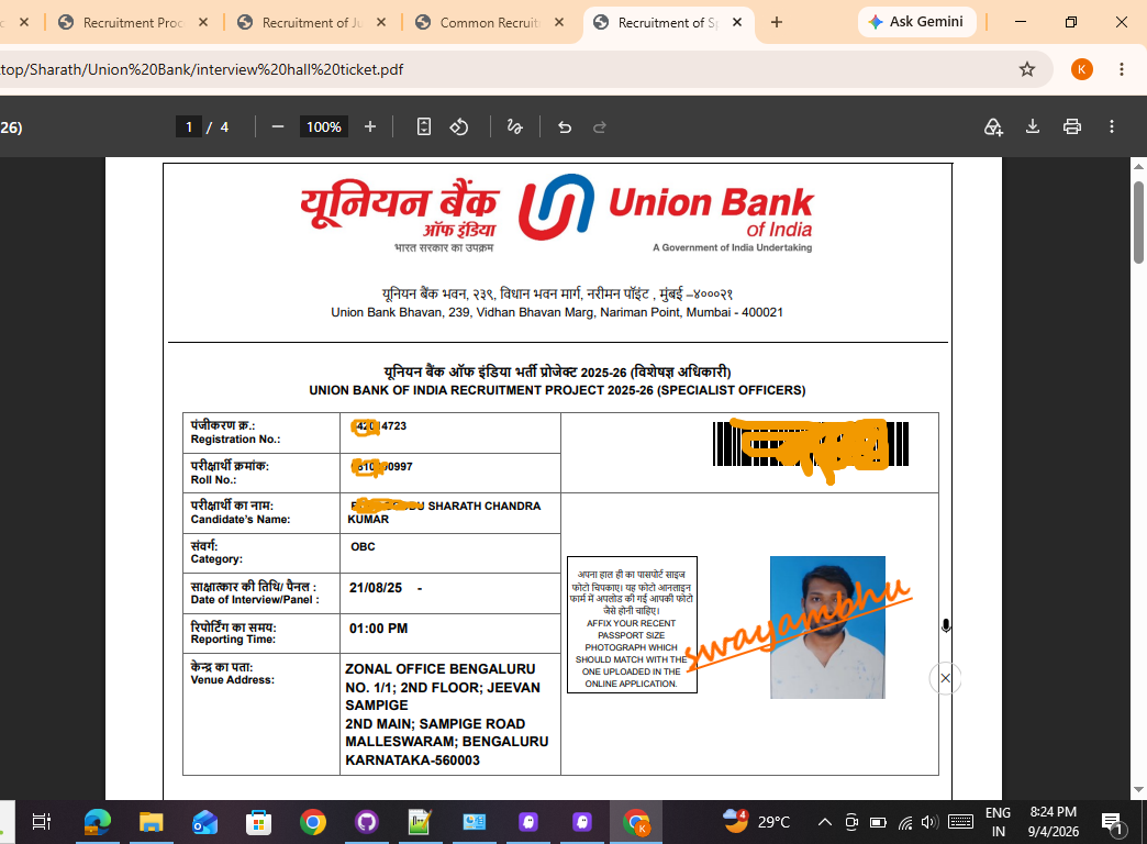 Union Bank of India SO 2025-26 Interview Call — Sharath Chandra Kumar